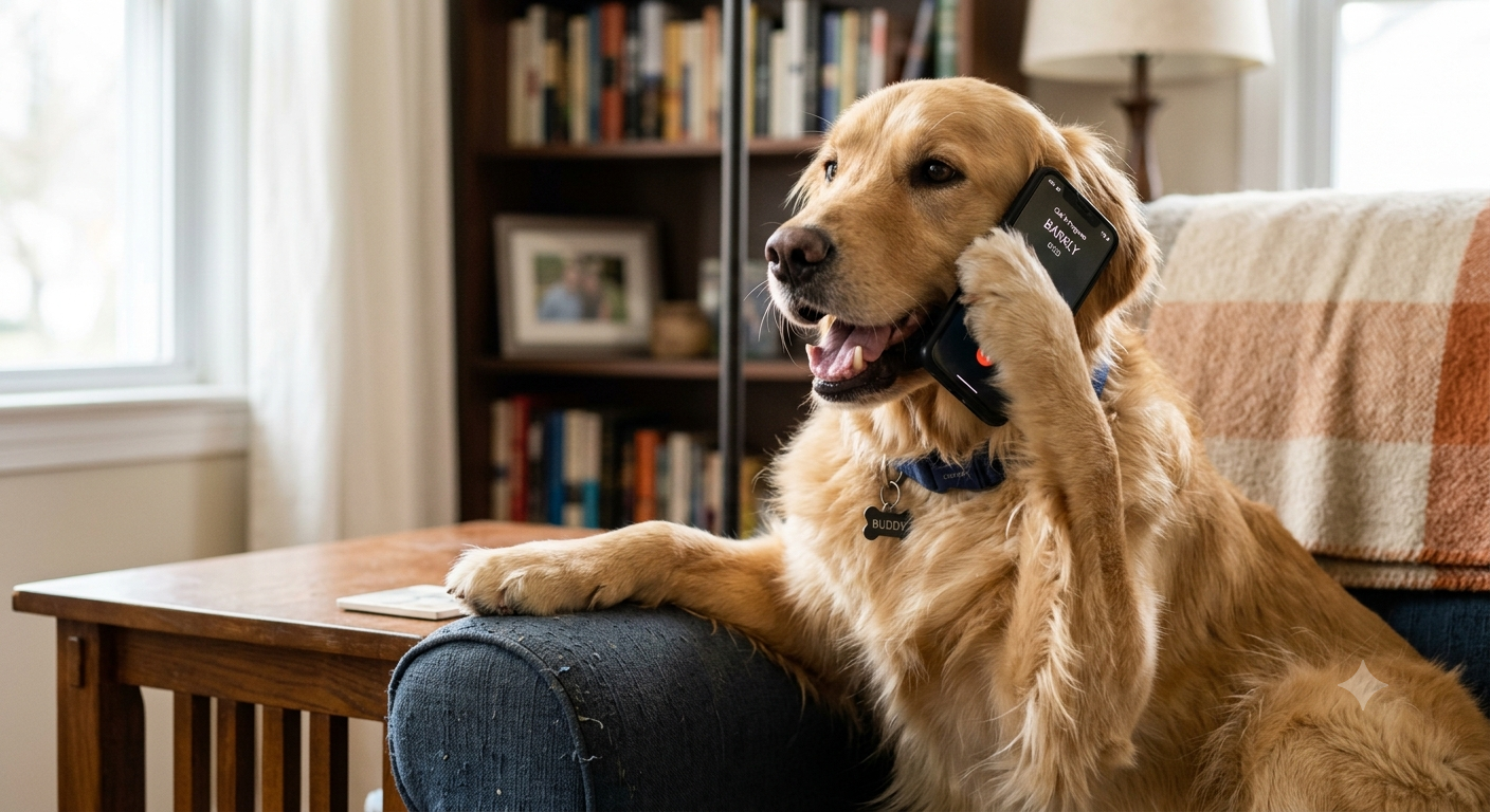 Golden retriever holding a phone beside its ear