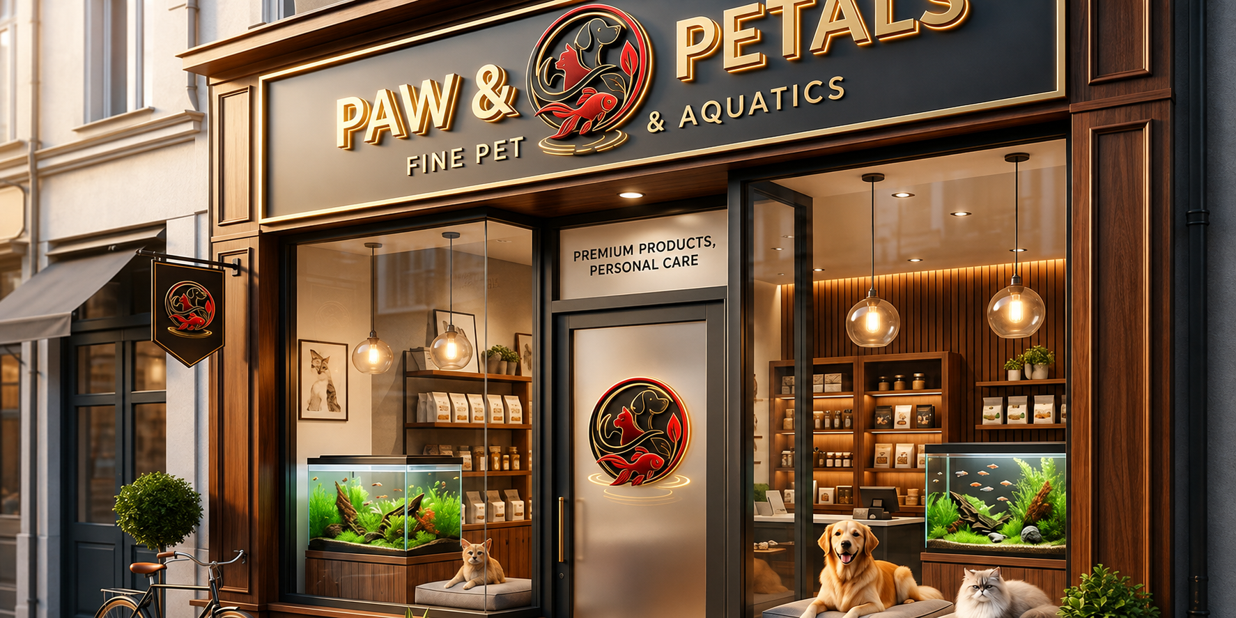 Warmly lit AM SRI pet and aquatics storefront with dogs, cats, and aquarium displays